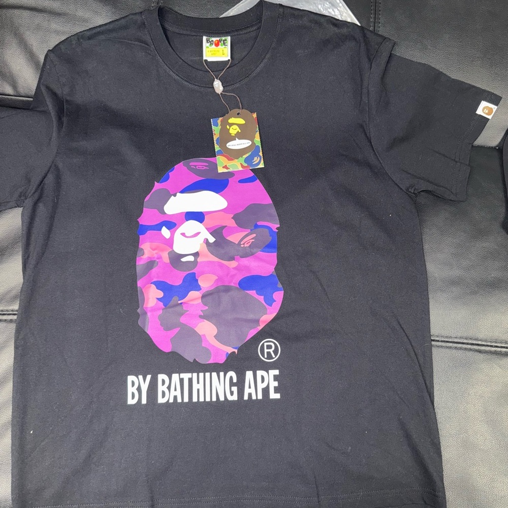 Bape Black Tee with Vibrant Purple Camo Ape